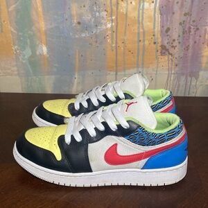 Air Jordan 1 Low GS Black/Lt Fusion Red-White Children Art Edition Shoes 7Y